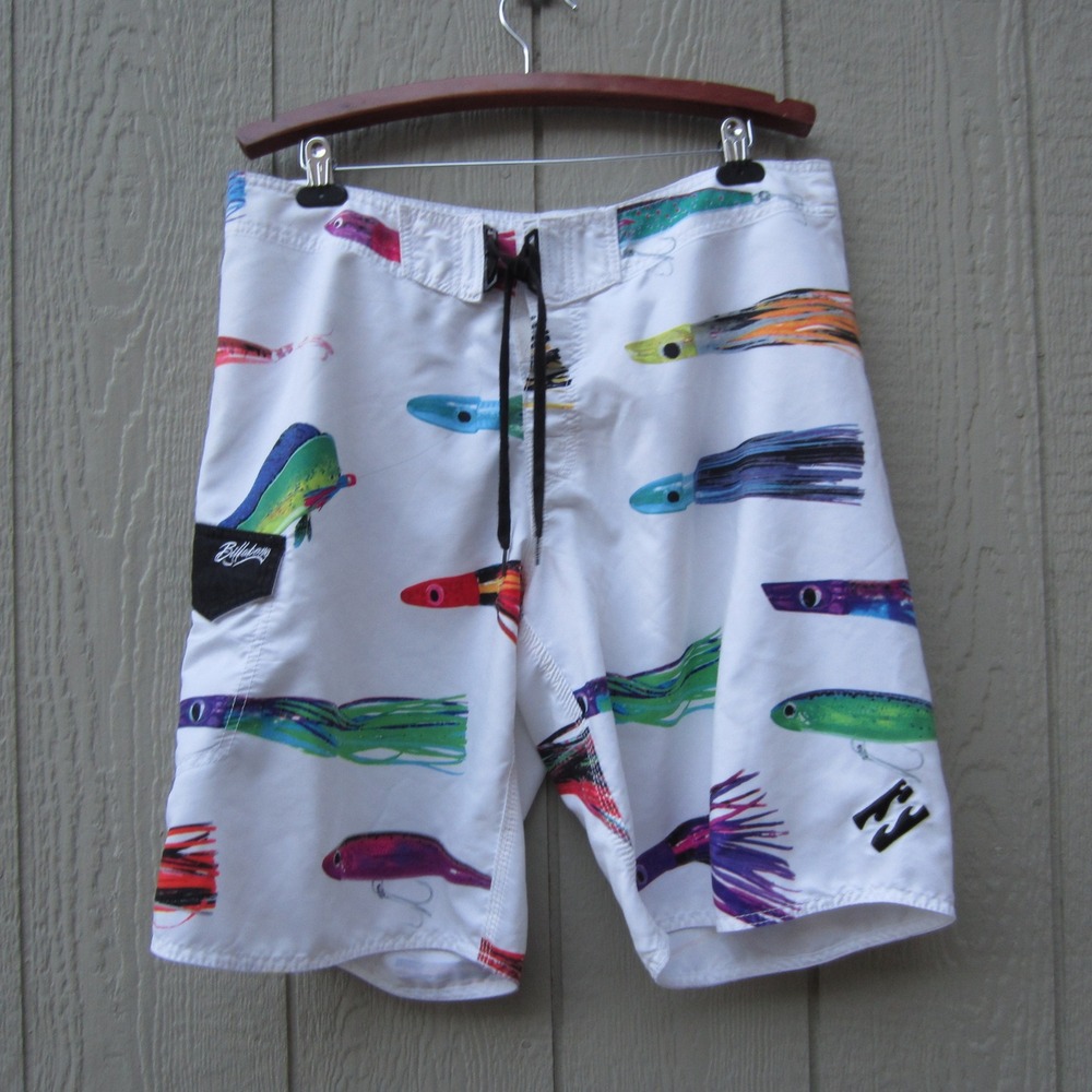 Billabong Board Short Mens 38 White Blue Fishing Lure Print  Beach